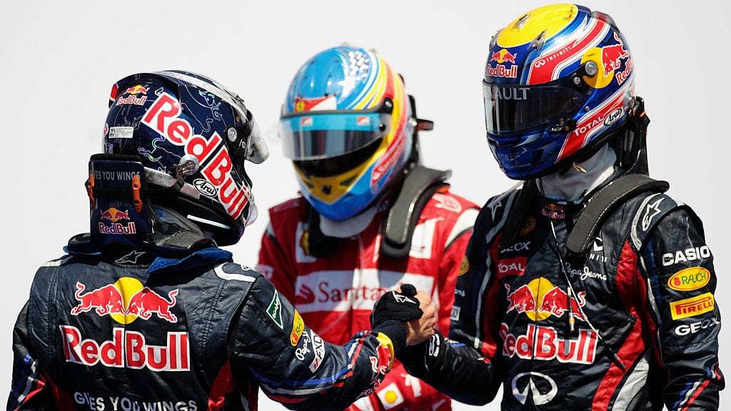 Webber (oik.) jäi Vettelin ja Alonson jälkeen kolmanneksi.