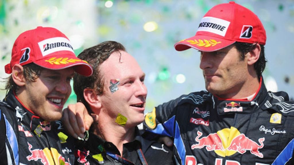 Sebastian Vettel, Christian Horner ja Mark Webber Brasilian GP:n palkintopallilla