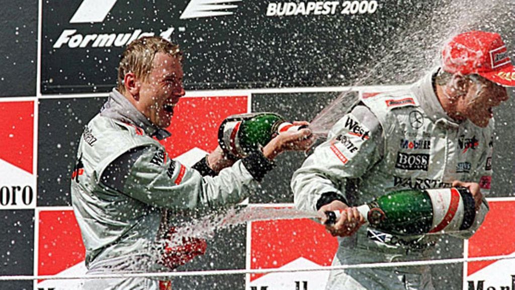 Mika Häkkinen ja David Coulthard Unkarissa 2000, kuva: Mark Thompson/Getty Images