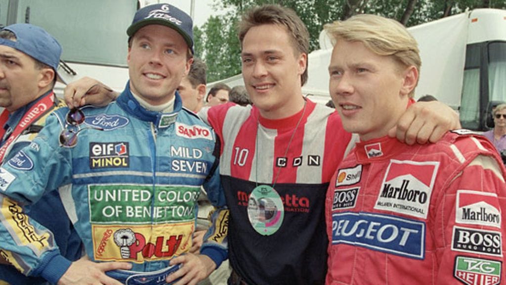 Jyrki Järvilehto, Teemu Selänne ja Mika Häkkinen, kuva: Heikki Saukkomaa/Lehtikuva