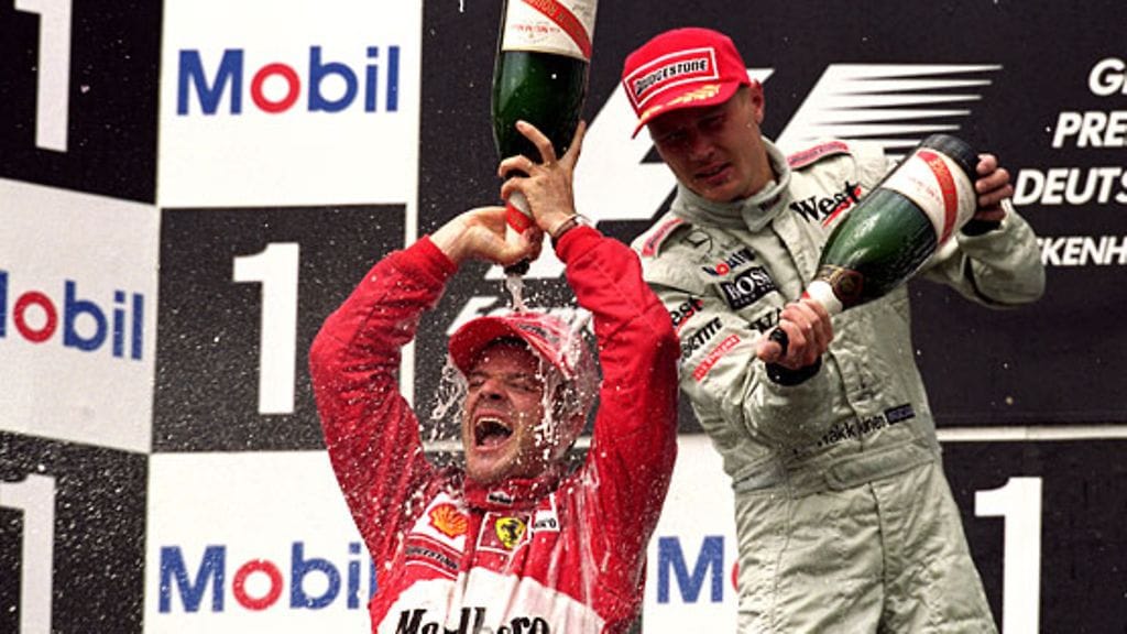 Rubens Barrichello ja Mika Häkkinen Saksan GP:n 2000 palkintopallilla.