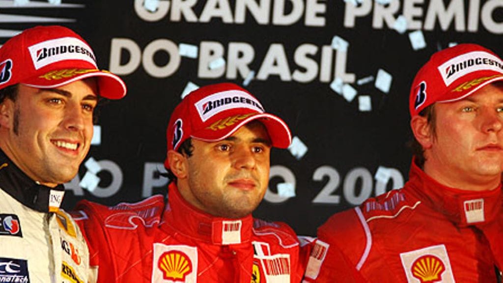 Fernando Alonso, Felipe Massa ja Kimi Räikkönen. Kuva: GETTY IMAGES.