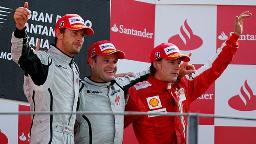 Jenson Button, Rubens Barrichello ja Kimi Räikkönen (Kuva: Mark Thompson/Getty Images)