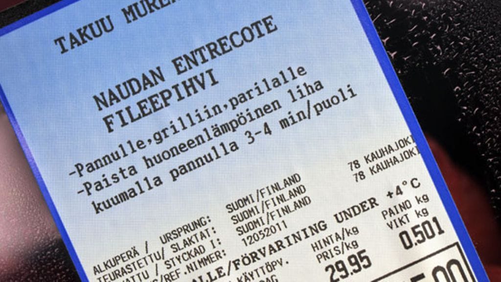 Asianmukaisesti merkittyä kotimaista lihaa.