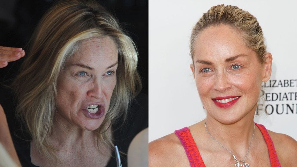 Sharon Stone ilman meikkiä ja meikillä.