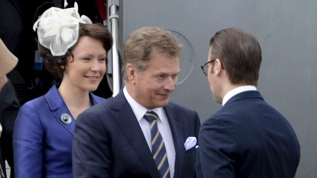 Jenni Haukio, Sauli Niinistö ja prinssi Daniel presidenttiparin vieraillessa Ruotsissa keväällä 2012.