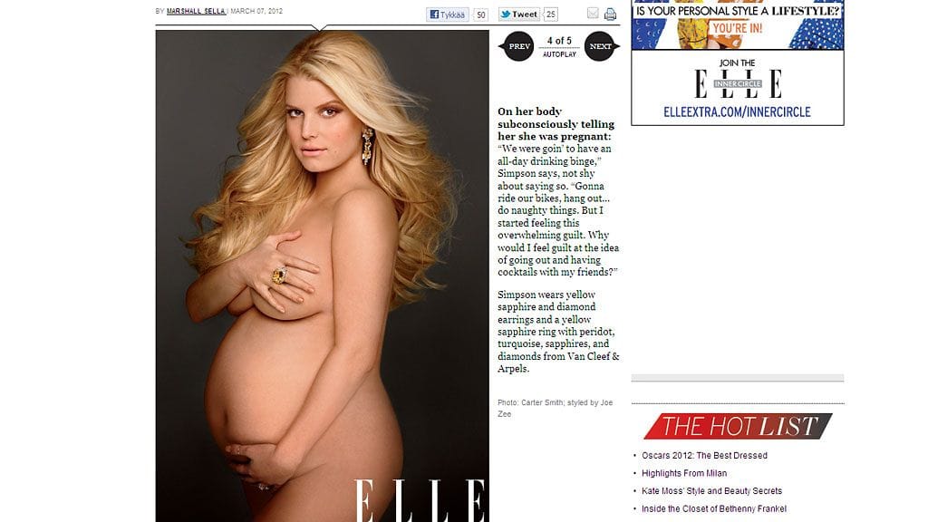 Jessica Simpson poseeraa alastomana ja viimeisillään raskaana Elle-lehdessä.
