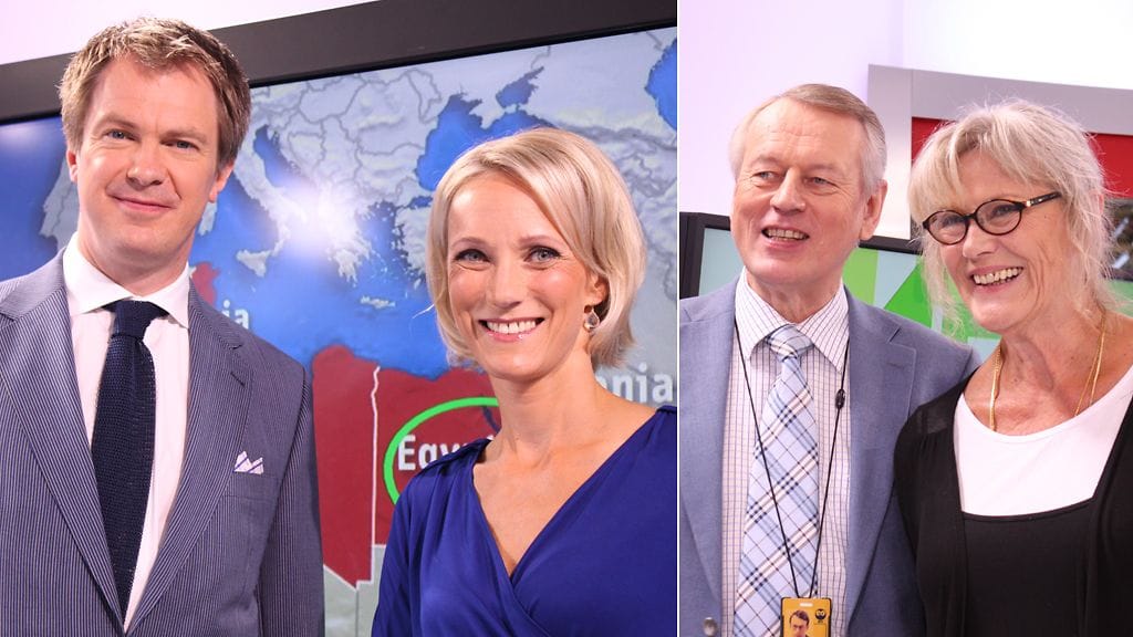 Maikkarin nykyiset ja entiset uutisankkurit: Peter Nyman ja Maija Lehmusvirta sekä Urpo Martikainen ja Leena Kaskela.