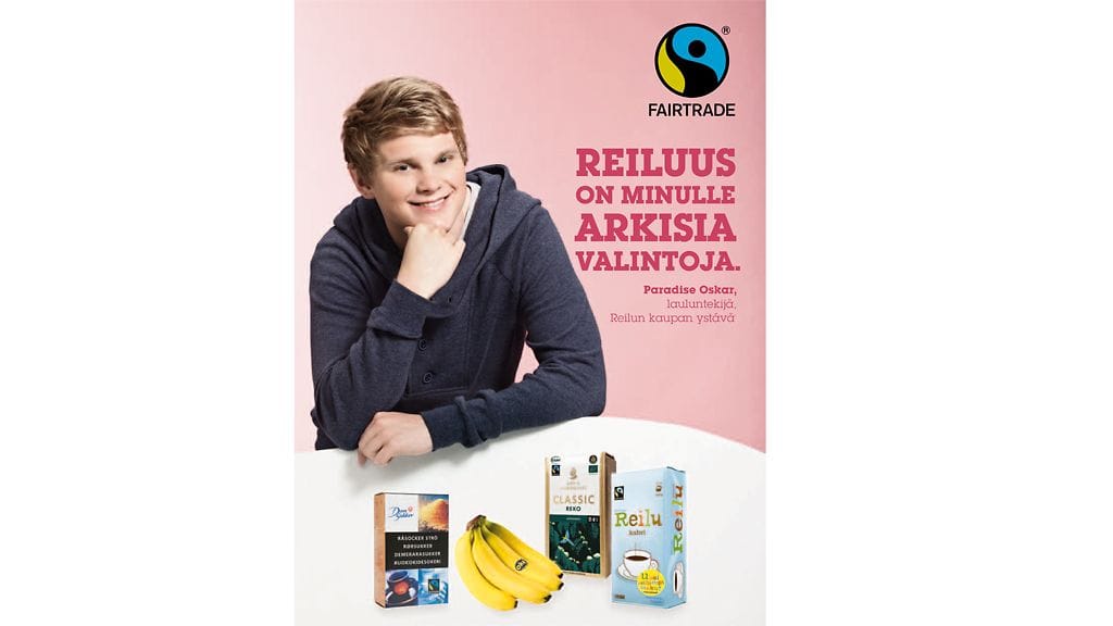 Paradise Oskar Reilun kaupan mainoksessa.