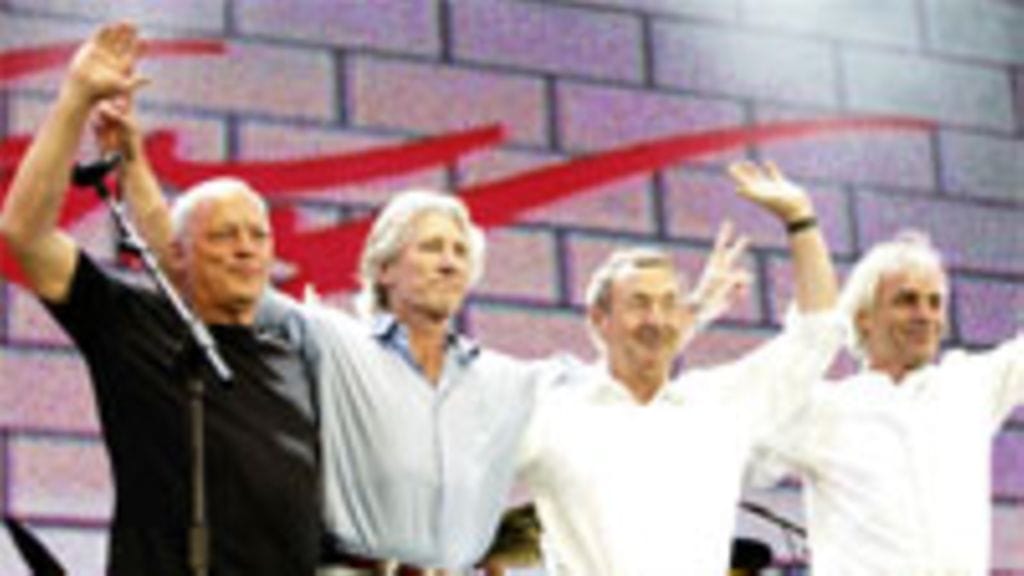 Pink Floyd 2005. David Gilmour, Roger Waters, Nick Mason, Rick Wright. Syd Barret ei ole kuvassa. Photo by: MJ Kim/Getty Images
