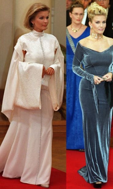 Tanja Karpelan linnan juhlissa vuosina 2001 ja 1999. (Lehtikuva)