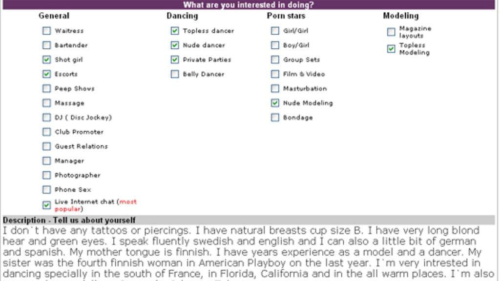 Johanna Tukiaisen ilmoitus stripclubjobs.com-sivustolla.