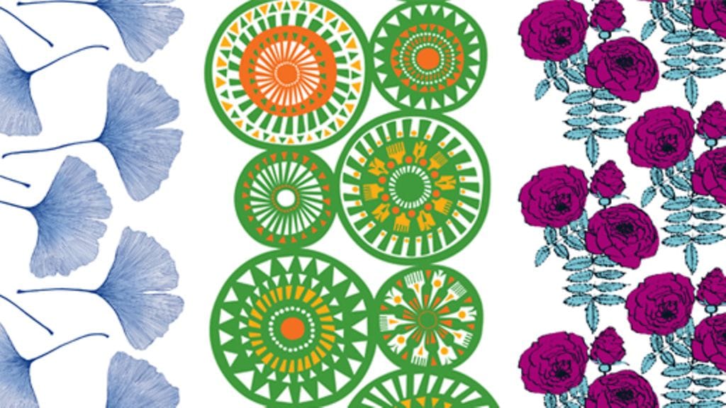 Marimekon kankaat: Gingko, Taikamylly ja Ruhtinatar. Kuva: Marimekko.