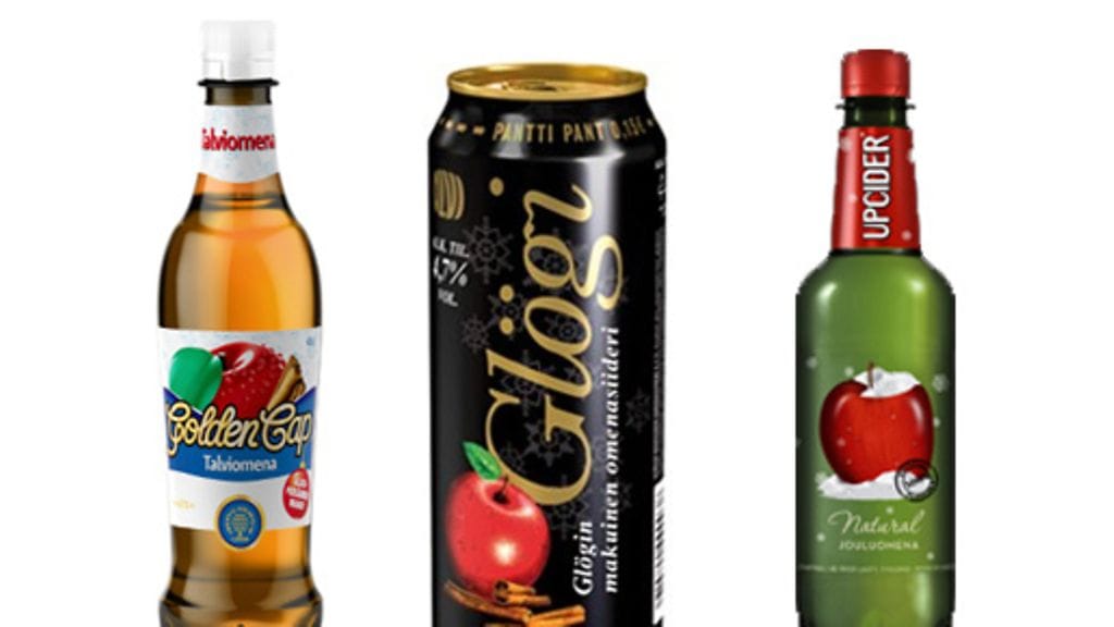 Joulusiiderit vasemmalta: Golden Cup Talviomena, Olvi Glöginmakuinen siideri ja Upcider Jouluomena