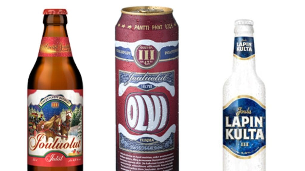 Jouluoluet vasemmalta: Sinebrychoffin Jouluolut, Olvin Jouluolut ja Lapin Kulta Jouluolut