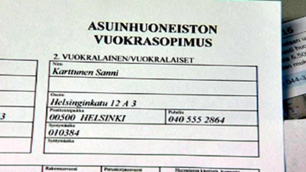 Hyvään vuokratapaan kuuluu sopimuksen tekeminen kirjallisena. Kuvan henkilötiedot ovat keksittyjä.