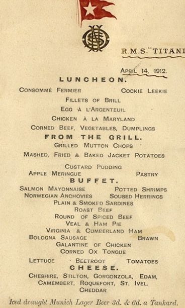Tältä näytti Titanicin ykkösluokan viimeinen lounasmenu