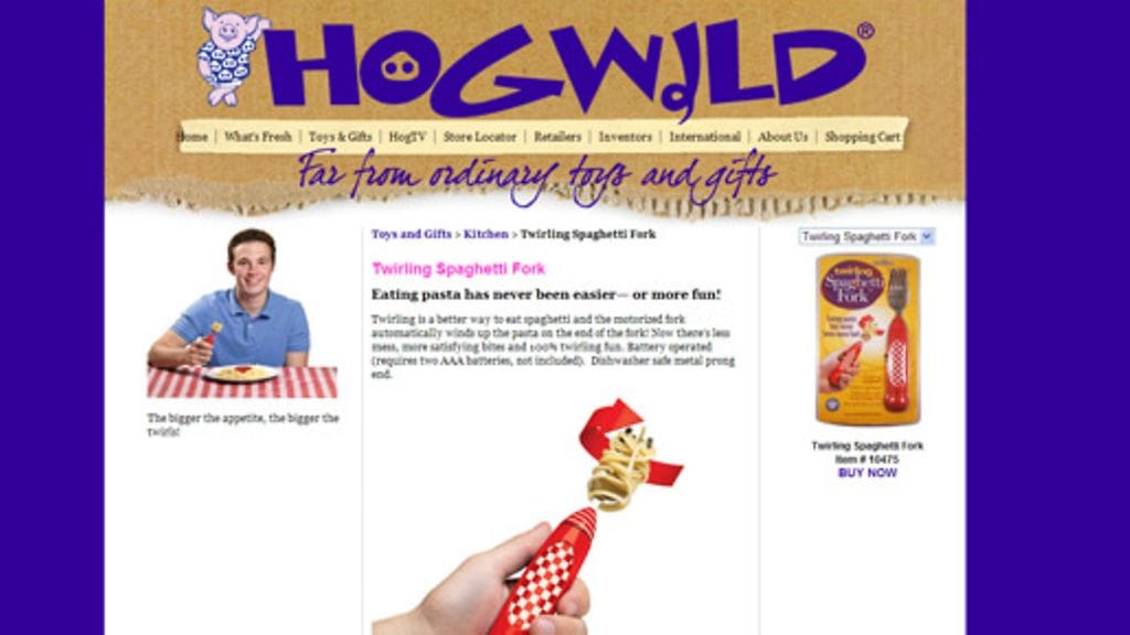 Hogwild -nettikaupassa myydään haarukkaa, joka pyörittää spagetin valmiiksi. Ruutukaappaus sivustolta.