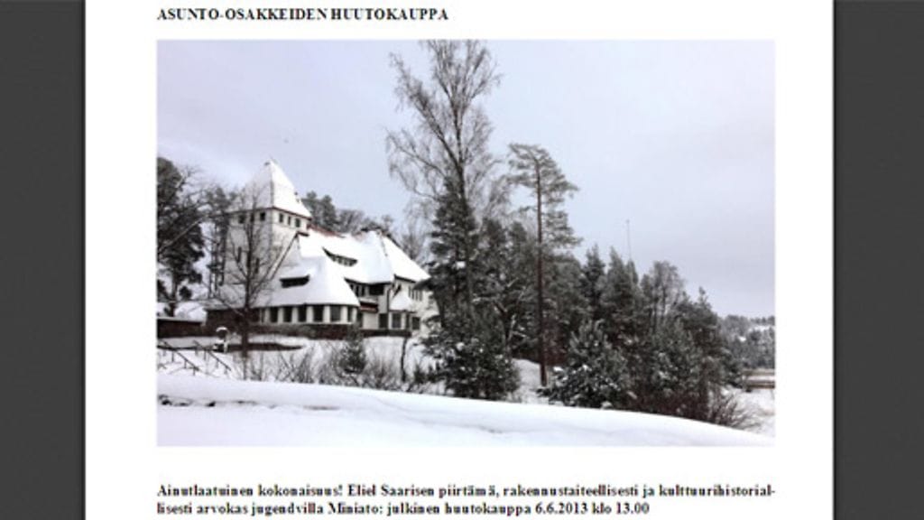 Ulosmitattu jugend-huvila Villa Miniato. Kuvakaappaus: Länsi-Uudenmaan ulosottovirasto