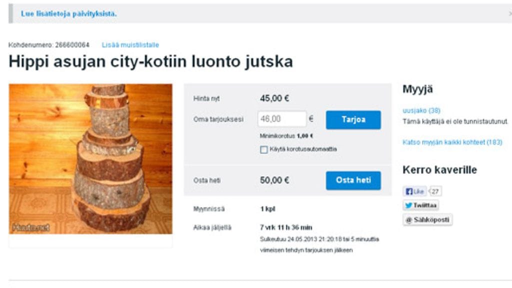 Ilmoitus: Hippi asujan city-kotiin luonto jutska. Kuvakaappaus: Huuto.net