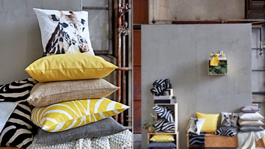 Rouhea seinäpinta tehdään tekstuurimaalilla, tekstiilien värimaailma tuo mieleen Afrikan kuumat savannit. Kuva: H&M Home