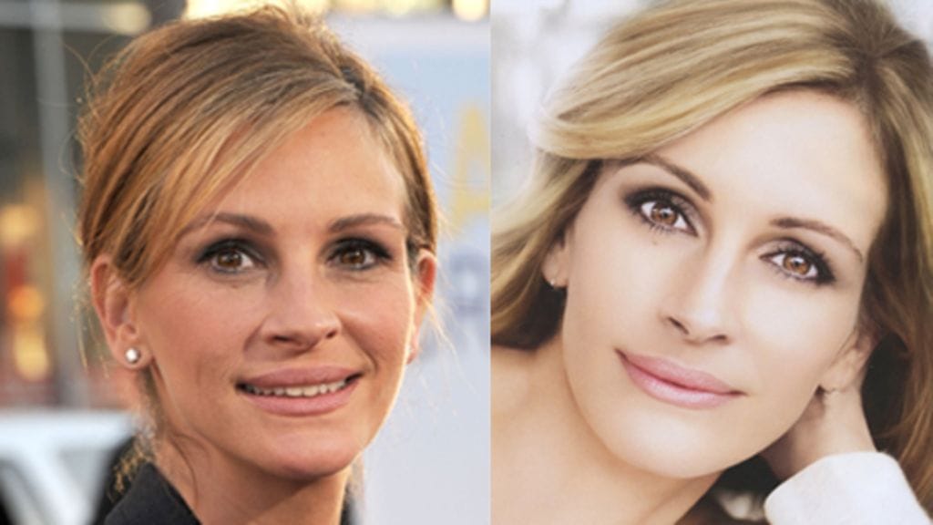 Julia Roberts (vas.) kesällä 2011, ja oikealla kielletty mainoskuva.