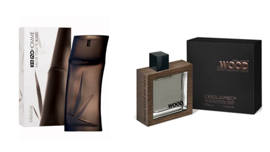 KenzoHomme Woody Eau de Toilette 55,50 e/50 ml ja Dsquared2:n Rocky Mountain Wood n.60 e/50 ml.