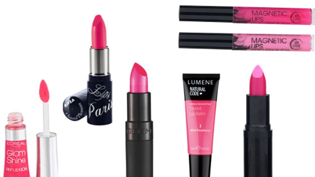 L'Oréal Paris'n Glam Shine Reflexion, sävy Sheer Raspberry, 10,50 e. Nivea olour Passion by Chantal Thomass, sävy Pink Baby Doll, 12,75 e. Lumene Natural Code Smile Booster, sävy Wild Raspberry, 6,40 e.