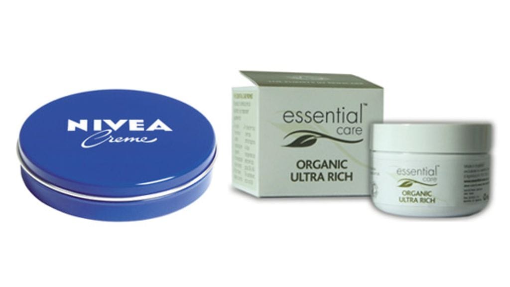 Nivea Creme 2,15 e/75 ml, Essential Caren Organic Ultra Rich 12,50 e/50g.