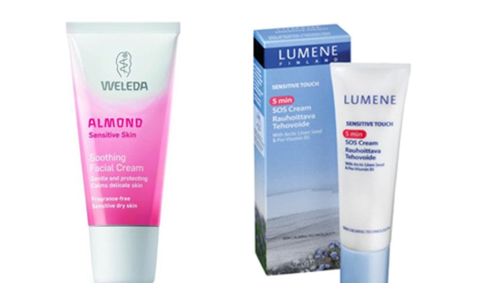 Weledan Almond Soothing Facial Creme 16,90 e/30 ml, Lumenen Sensitive Touch 5 min Rauhoittava Tehovoide 19,90 e/50 ml.