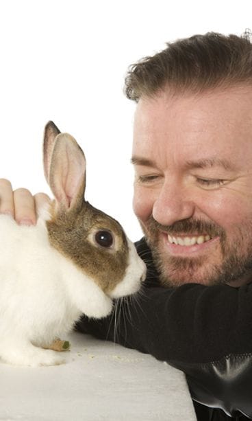 Ricky Gervais poseerasi kanin kanssa hyväntekeväisyyttä varten