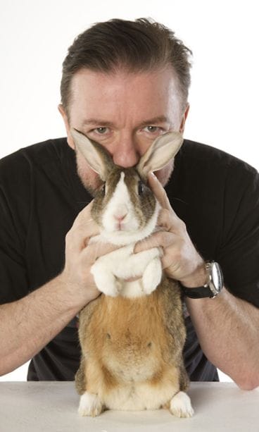 Ricky Gervais poseerasi kanin kanssa hyväntekeväisyyttä varten