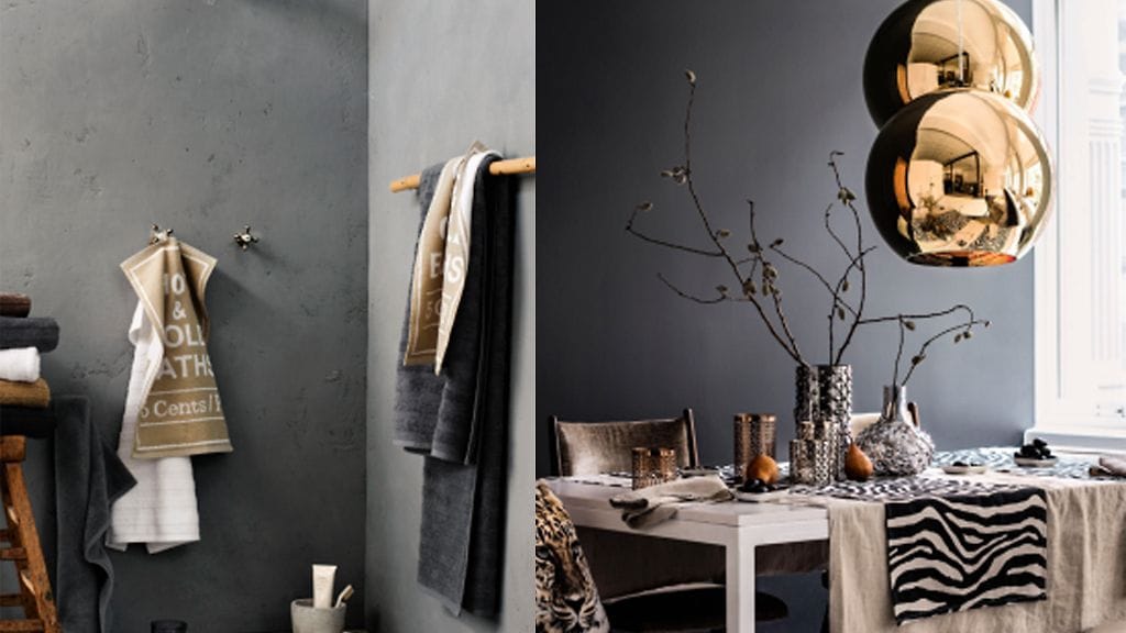 Tummanpuhuva, dramaattinen sisustus syntyy mustan, harmaan ja valkoisen sävyillä. Kuva: H&M Home