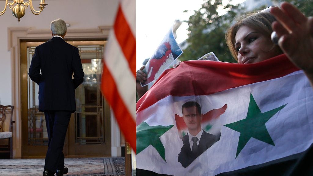 Yhdysvaltain ulkoministeri John Kerry poistumassa tiedotustilaisuudestaan 30.8.2013. Oikealla Syyrian hallinnon kannattajia Pariisissa 29.8.2013.