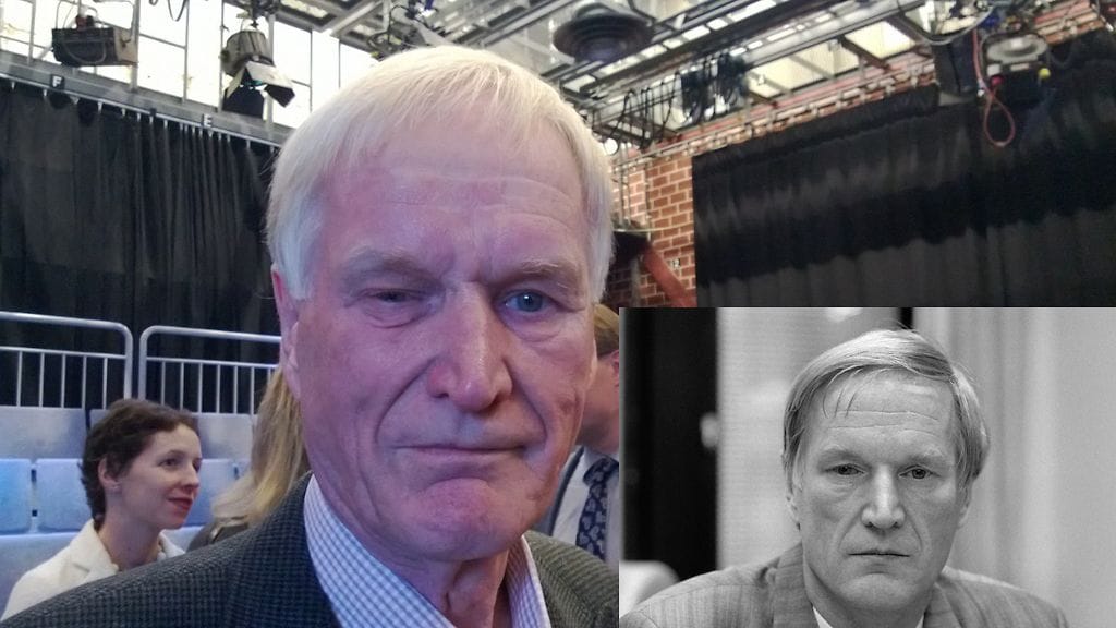 Eläkkeellä oleva virallinen valvoja Aulis Gerlander tänään MTV3:n lottostudiolla ja vuonna 1991 työvuorossa.