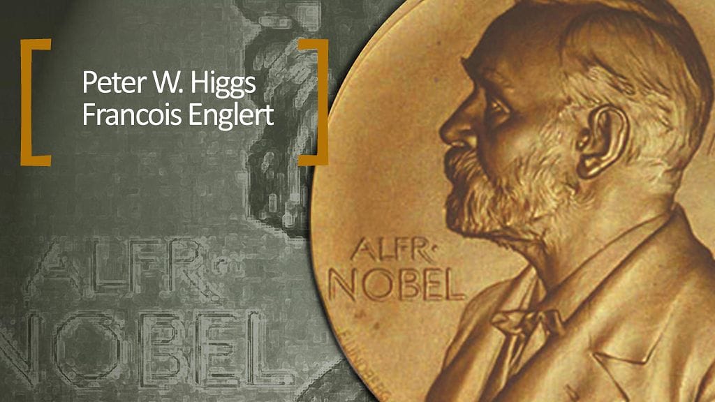 Francois Englert (vas.) ja Peter Higgs heinäkuussa 2012, kun Higgsin bosoni todennettiin.