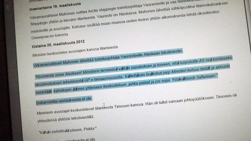 Ote kehitysministeri Heidi Hautalan eroa koskevassa tiedotustilaisuudessa jaetusta tiedostosta.. Arctic Shippingin toimitusjohtajalle lähetetyssä tekstiviestissä lukee, että ministeri suosittelee ja toivoo, että Arctia Shipping luopuisi toistaiseksi rikosilmoituksen tekemisestä GP:n (Greenpeace) laivaannoususta.