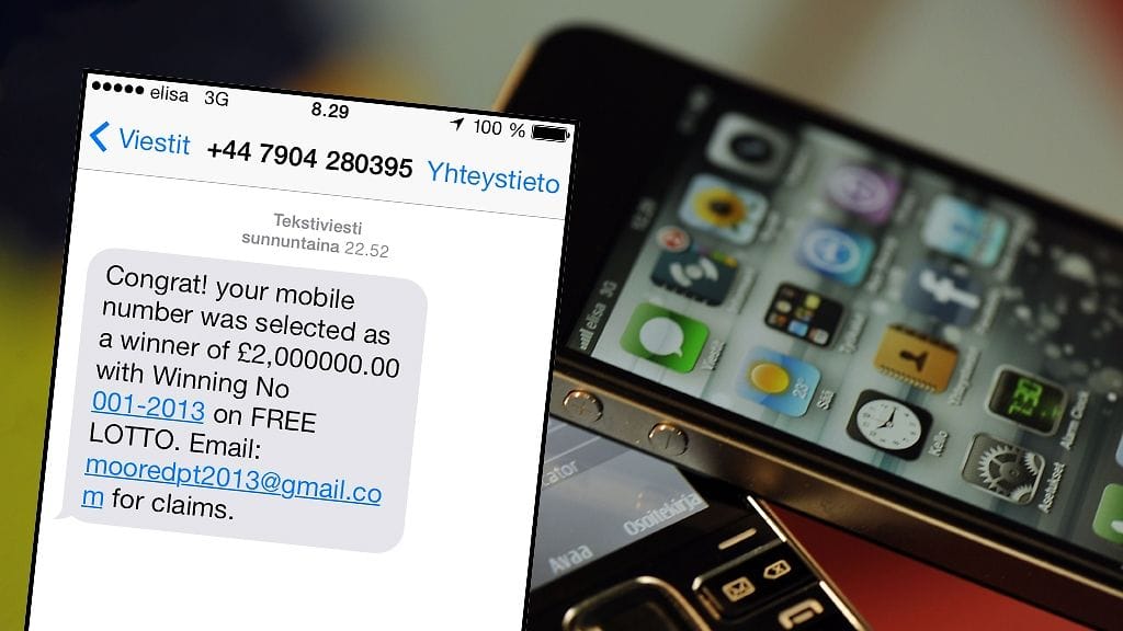Tekstiviestihuijauksissa vastaanottajan kerrotaan voittaneen suuri summa rahaa, jonka lunastaakseen hänen on ensin maksettava tietty summa arvonnan järjestäjälle. Mitään voittoa tai arvontaa ei oikeasti ole olemassa vaan kyseessä on huijaus. Kuvituskuva.