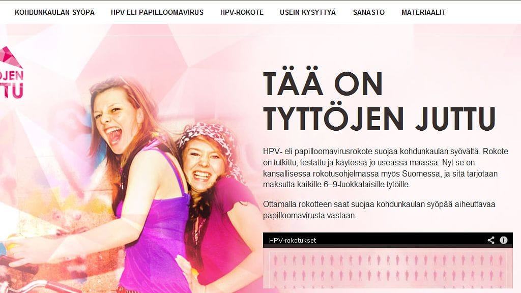Kuvakaappaus tytöille suunnatuista THL:n rokotesivuista.