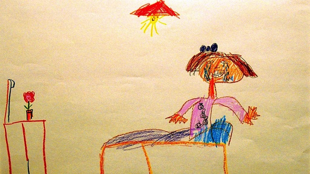 Turvakoti, lapsen piirrustus: Mua pelottaa hirveästi, kun isä ja äiti tappelee. Mä meen turvaan mun omaan sänkyyn ja yritän ajatella kivoja asioita, mutta mua vaan itkettää.