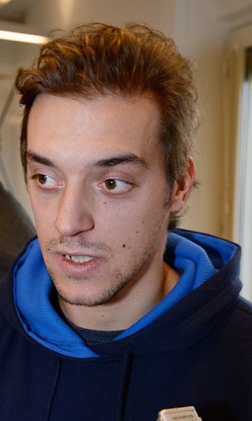 Jääkiekkoilija Juhamatti Aaltonen maajoukkueen Karjala-turnauksen mediapäivän tilaisuudessa Helsingissä keskiviikkona 6. marraskuuta 2013.