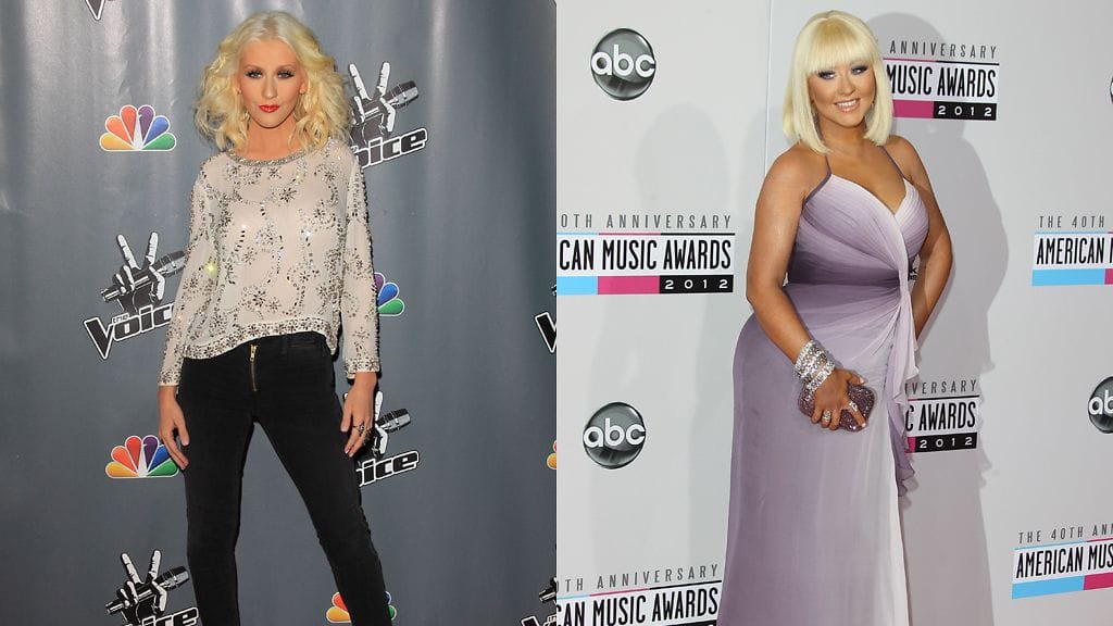 Christina Aguilera tällä viikolla (vas.) ja vuosi sitten marraskuussa.