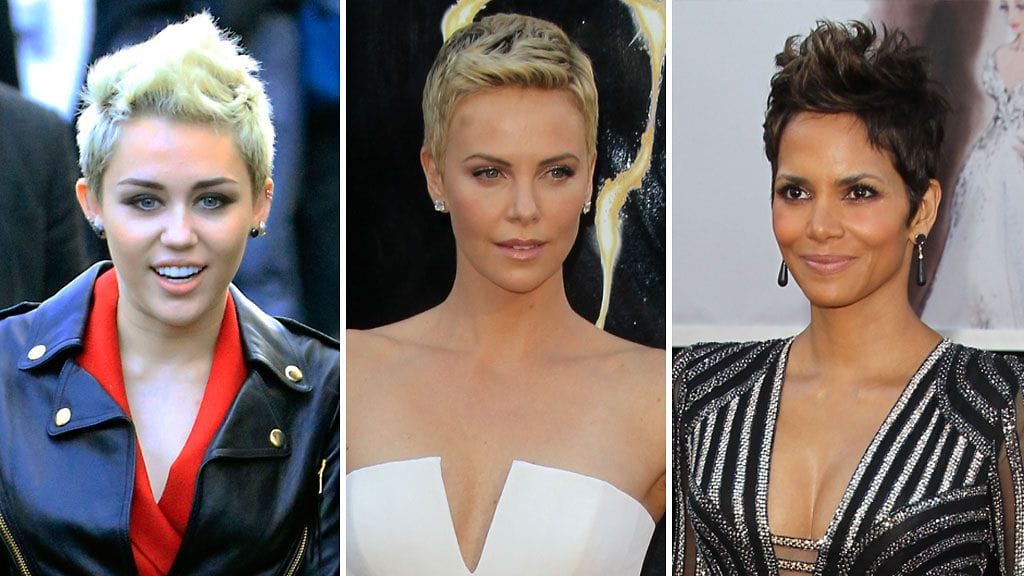 Miley Cyrus, Charlize Theron ja Halle Berry lyhyissä hiuksissaan 2013.