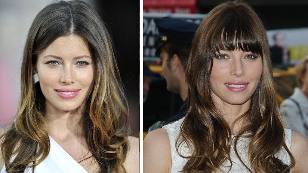 Jessica Biel luonnollisessa liukuvärjäyksessä vuonna 2010, ja micro-otsahiuksilla vuonna vuonna 2012.