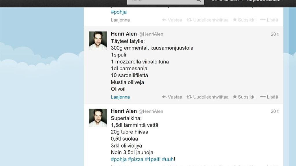 Kuvakaappaus Henri Alénin twitteristä ja samalla hänen uusimmasta somereseptistä.
