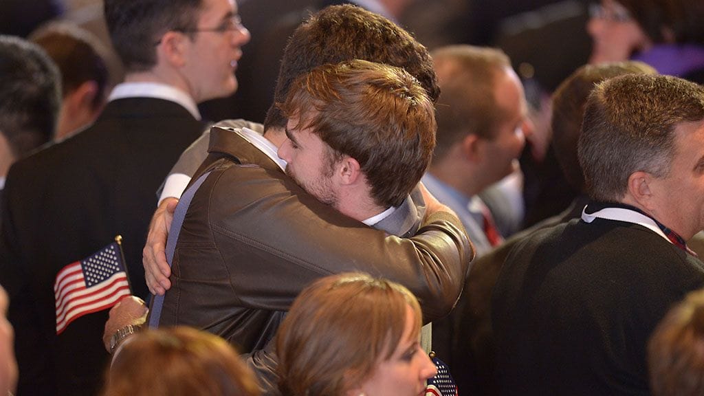 Romneyn kannattajia vaalivalvojaisissa Bostonissa, Massachusettsissa