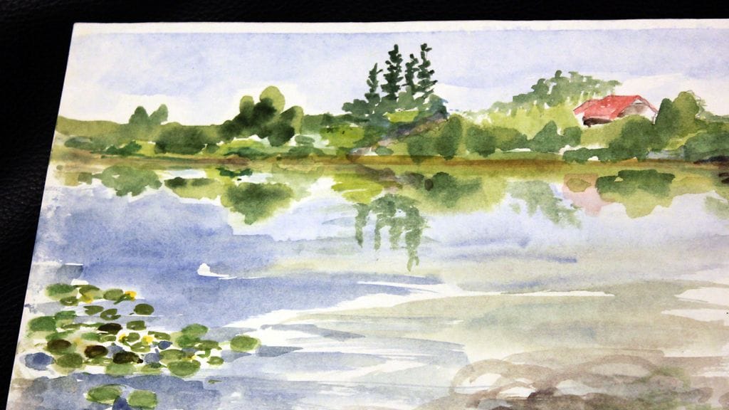 Taiteilija ja näyttelijä Helen Elden "puska-akvarelli". "Tuo on Vantaanjoessa yksi laituripaikka, jossa voi istua, johon melojat pysähtyy", Elde kertoo kuvasta.