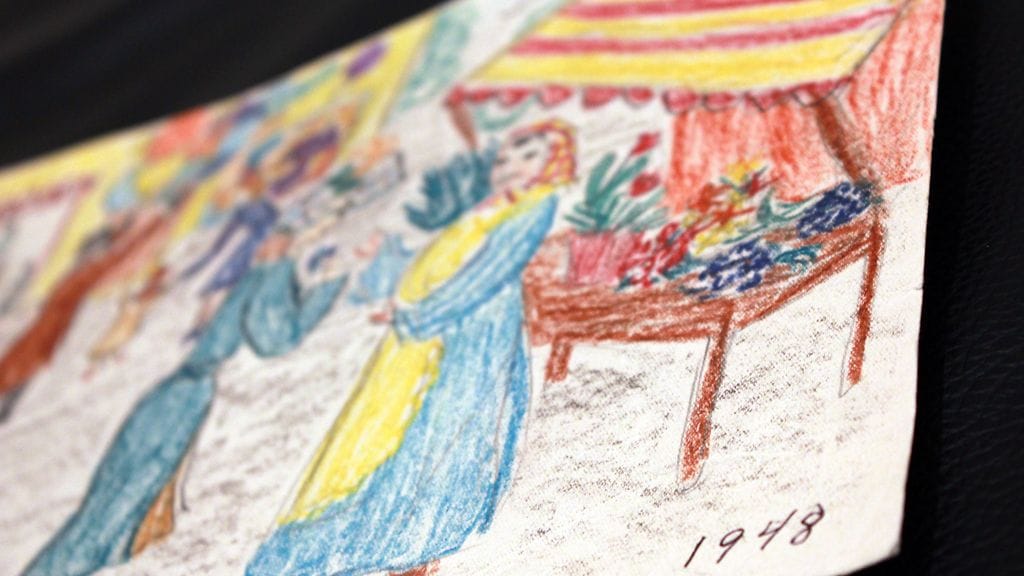 Taiteilija ja näyttelijä Helen Elden lapsena piirtämä työ. "Tuo on 1948, luulen, 1947 tai 1948. Tuo oli hauska, siinä oli värit. Mulla oli liidut. En koskaan saanut niitä ihania Sakura-liituja. Nuo on vai Porvoonliituja", Elde kertoo työstä.