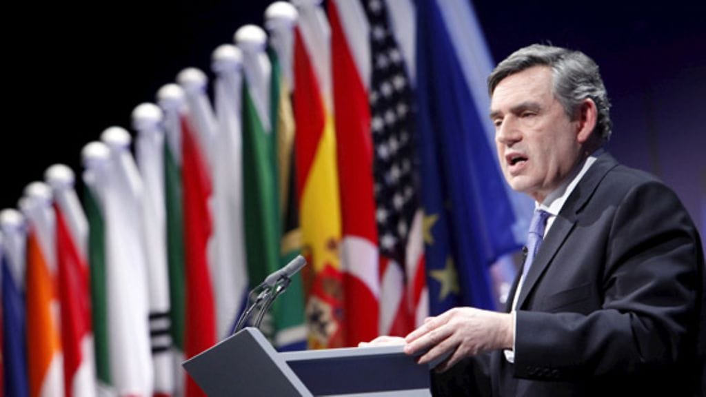 Britannian pääministeri Gordon Brown G20-kokouksen tiedotustilaisuudessa