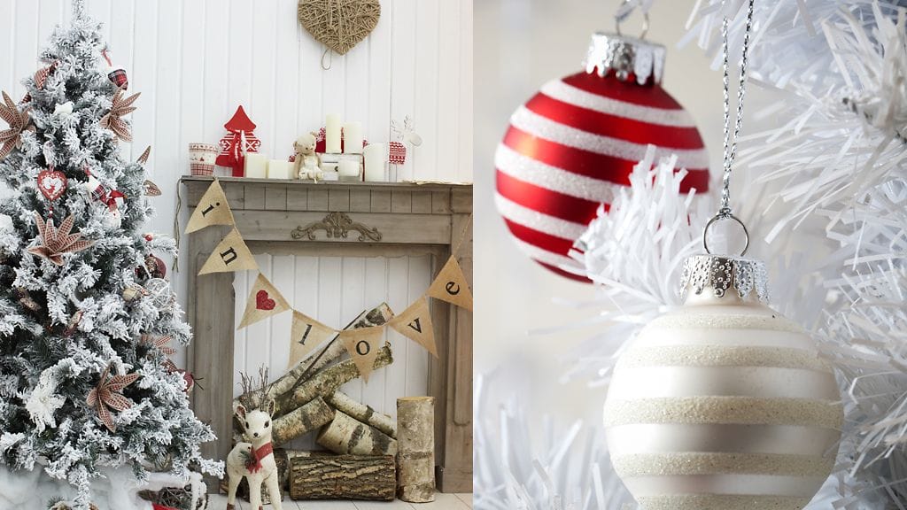 Joulukuusen voi koristella valkoisilla koristeilla.